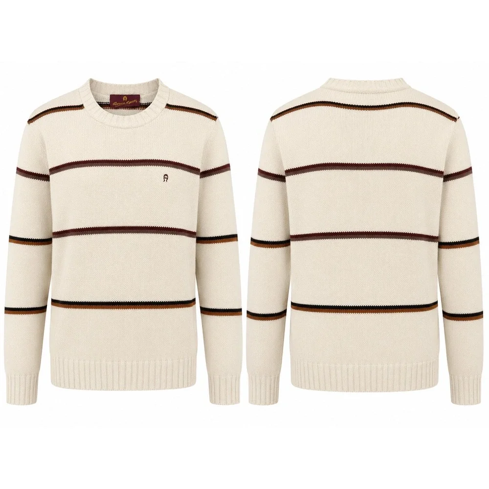 Etienne Aigner Sweater Womens Small Cream Striped Crewneck Knit Pullover Vintage